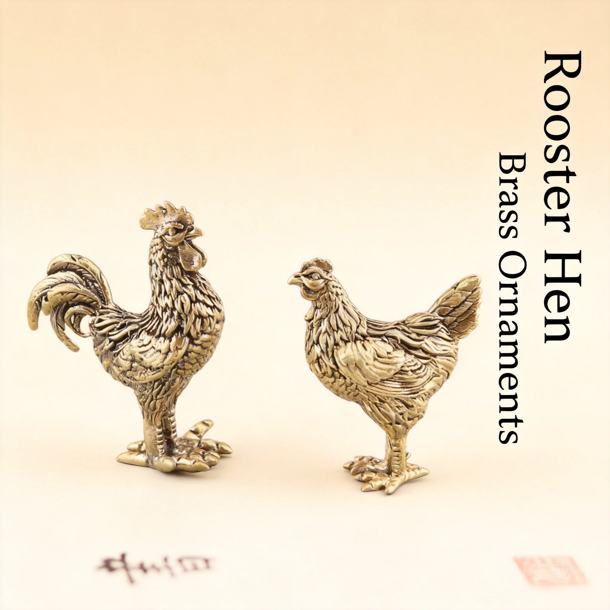 Chinese Style Auspicious Brass Rooster And Hen 2 Pcs Set Lucky Chinese Zodiac Chicken Ornament For Home Desk Table Decor Tea Pet