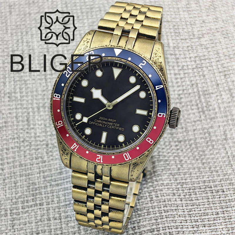 BLIGER 39mm Retro Luxury Diver Watch NH35 Mechanical Watches For Men Full Bronze Case Hands Sapphire Glass Waterproof Luminous