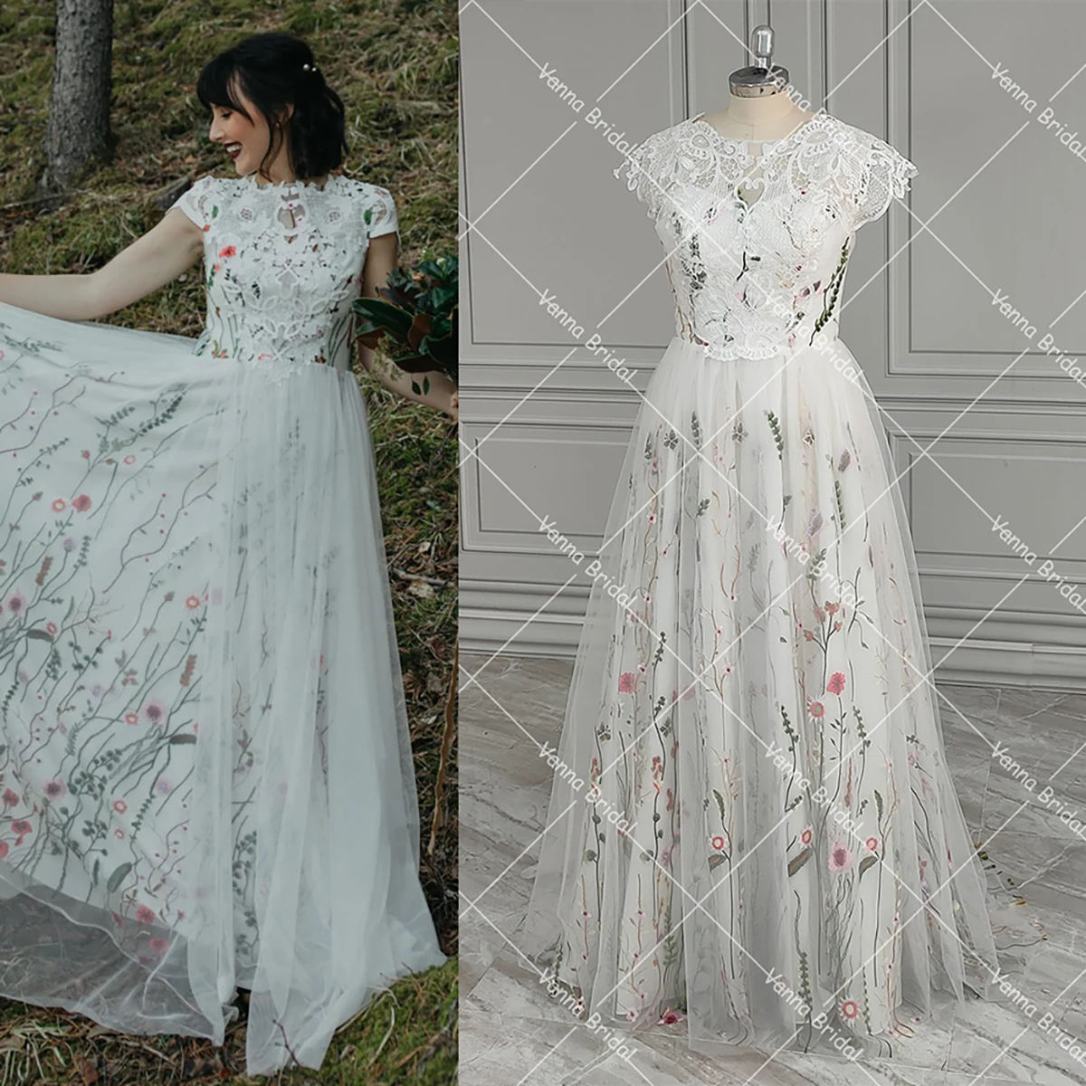 Mangas casquillo bordado tul vestido de novia colorido ilusión personalizada una línea botones recorte encaje Maxi Elopement vestidos de novia