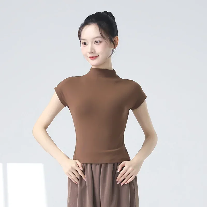 

Одежда для современных танцев, женские топы с высоким воротником и короткими рукавами, танцевальная одежда, тонкое тело для классических танцев