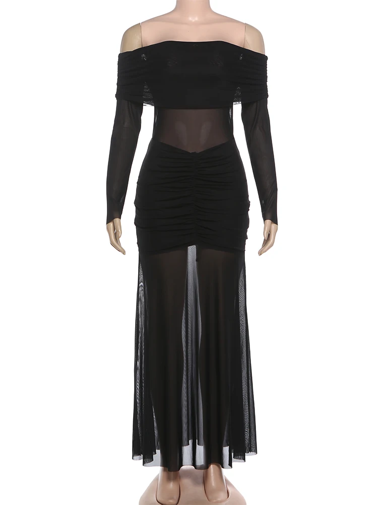 Elegancka długa sukienka damska Kliou z marszczeniami, siateczkowymi wstawkami, dekoltem typu slash, odkrytymi plecami, długimi rękawami, dopasowana, na wieczorne przyjęcie, bal, vestidos.