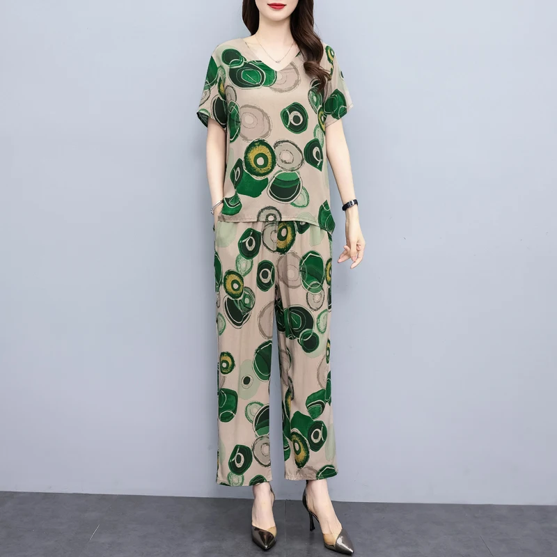 Summer Wide Leg Pant Sets Korean Style Elegant Two Piece Set Women Outfit 2023 New Casual Vintage Print Summer Woman Clothing