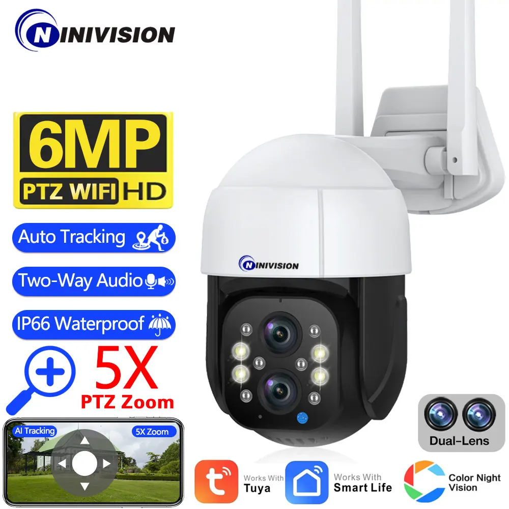 

6MP Wifi Full Color Camera Outdoor PTZ Two Way Audio Security IP Camera Protection Dual Lens Video Surveillance For 5X PTZ Zoom