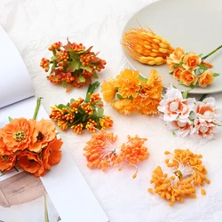 6-288pcs/pack Orange Color Simulation Bouquet Lavender Cherry Shaped Artificial Flower Bride Wedding Home Decoration Party Decor