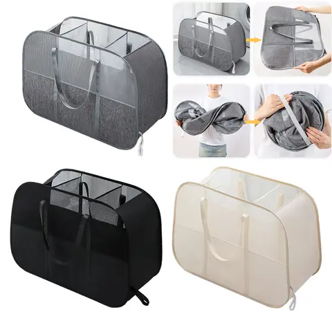Collapsible Laundry Baskets 3 Compartment For Dirty Clothes Bathroom Clothes Mesh Storage Bag Household Wall Hanging Basket