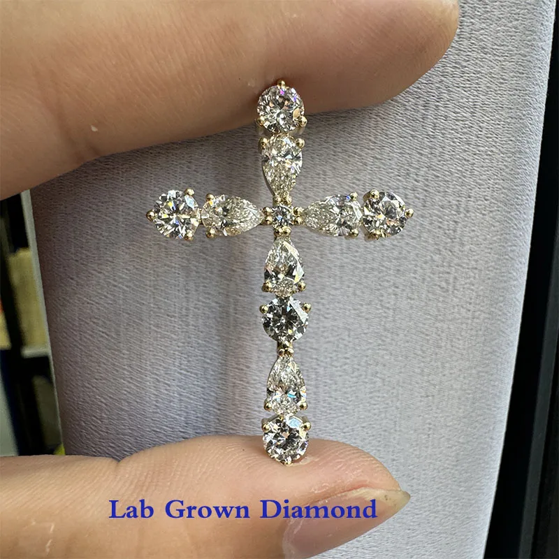 

3.7Ctw DEF Color VS-VVS Round and Pear CVD HPHT Lab Grown Diamond Religious Cross 14K Yellow Gold (NO Chain)