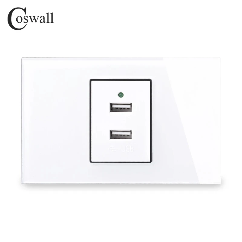 COSWALL US Size Tempered Glass Panel Wall Socket 2/4/6 USB Charge Port With LED Indicator DC 5V, 2A / 4A Output White