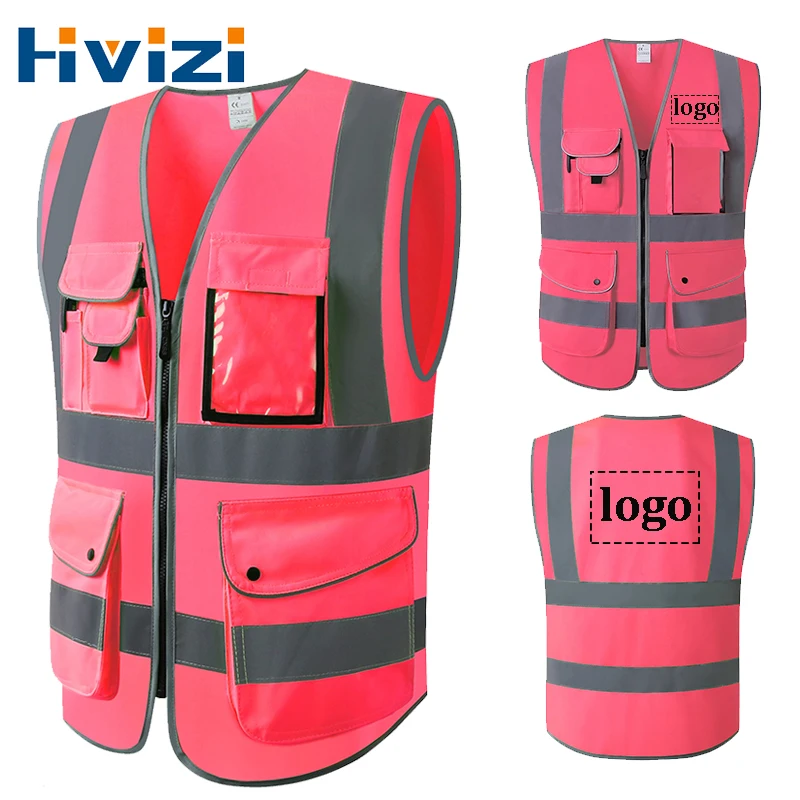 Logo Custom Pink Reflective Safety Vest for Work Safety Vest Reflective with Pockets Custom High Visibility Vest