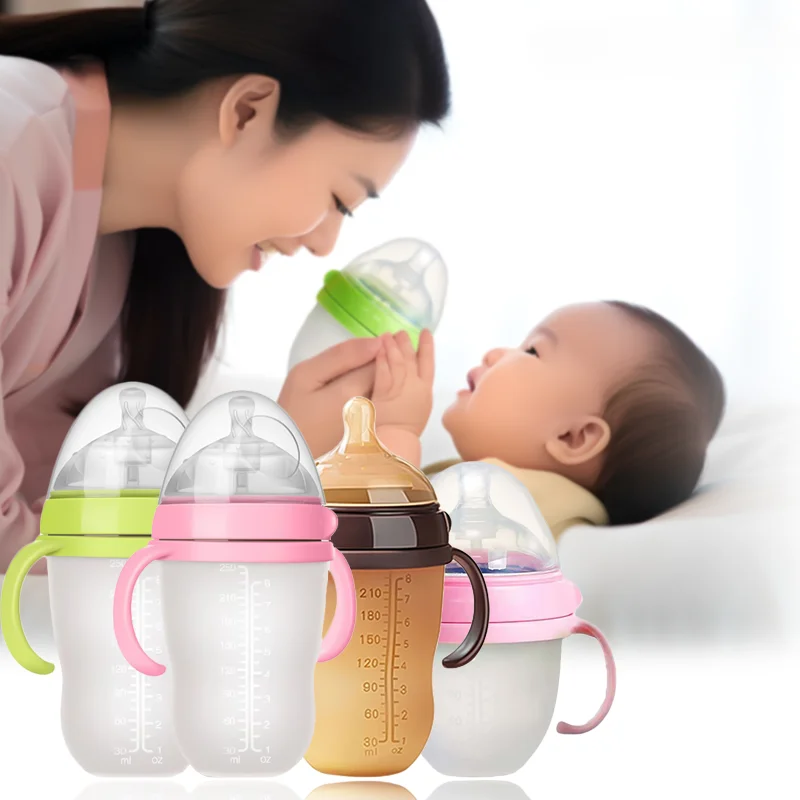 0-36 Months Baby Nano Silver Anti-drop Anti-colic Silicone Bottle 240ml 150ml with Handle Imitation Breast Milk Design