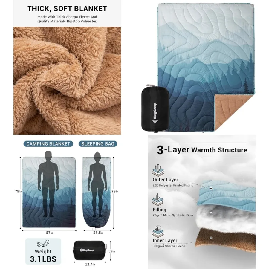 

Large Camping Blanket with Sherpa Lining, Packable Down Alternative Puffy Printed Wearable Blanket with Snap Buttons, Warm Weat