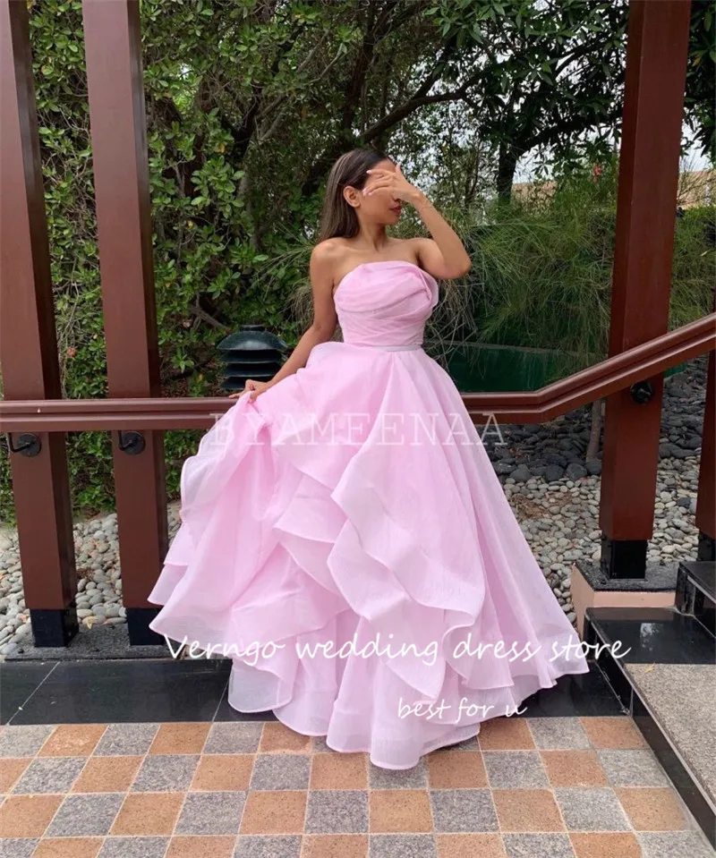 Verngo Pink Organza Ruffles Prom Dresses Saudi Arabic Lady Party Formal Evening Gowns Long Party Dress Graduation Dress