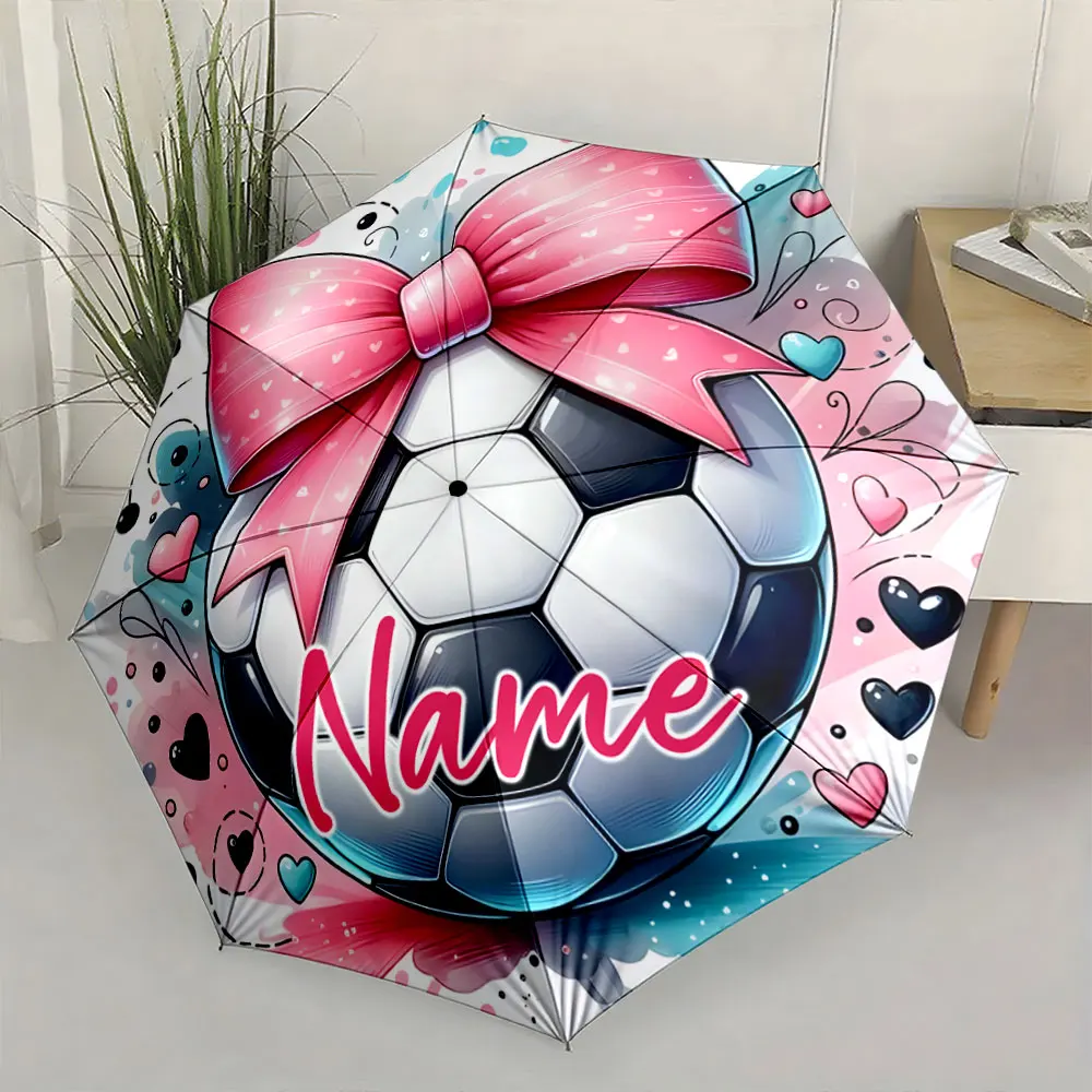 Custom Name Soccer-themed umbrella with pink bow design Print 8 Iron Ribs Folding Umbrella, Auto-Open Fashion Sunshade