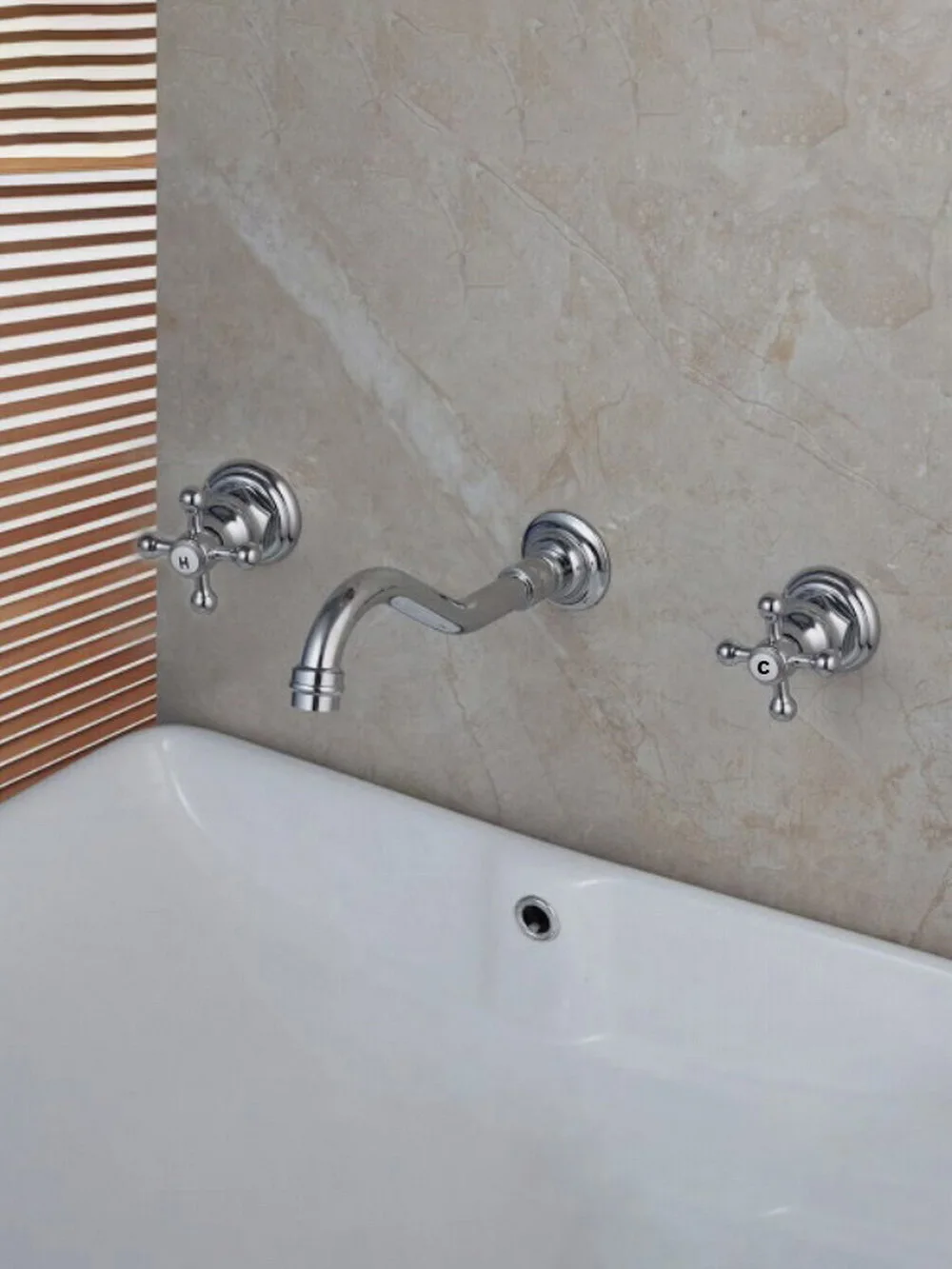 Grifo mezclador para lavabo de bañera de baño de 3 orificios montado en la pared con manijas cruzadas dobles de latón cromado pulido asf493
