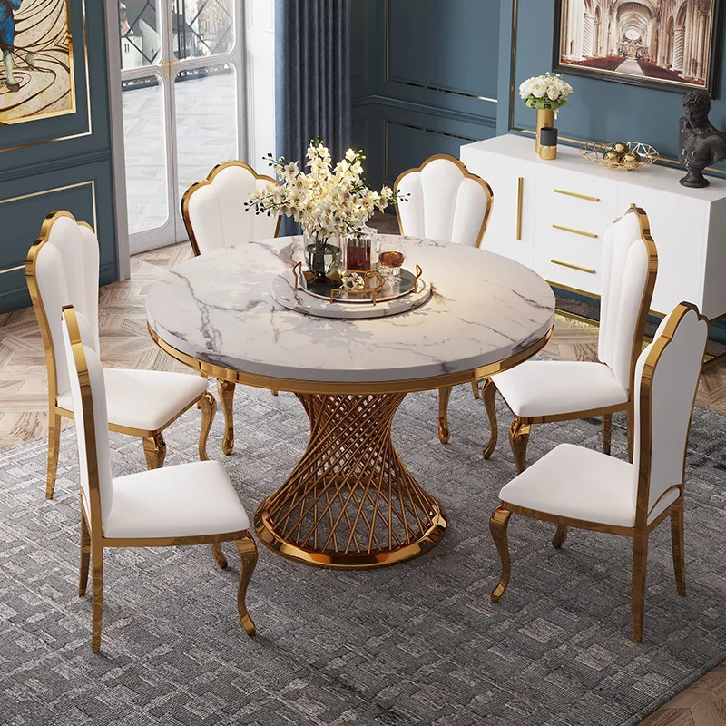 

^%American Style Home Dining Round Table Simple Marble Stone with 6 Chairs