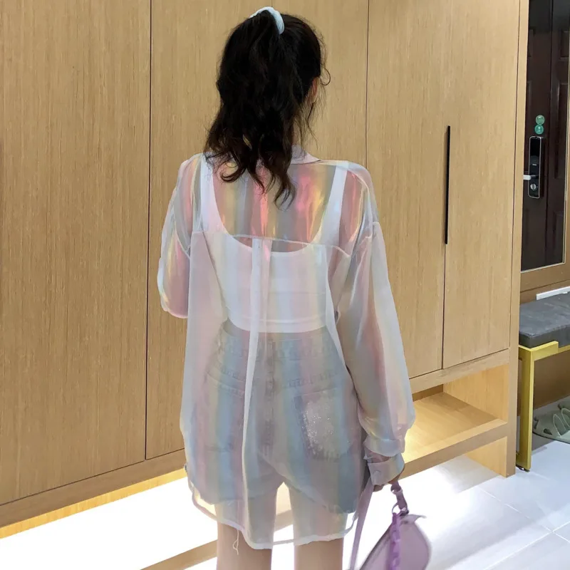 Summer Beach Shirts Women Sheer See-through Shiny Loose Casual Blouse Sun-proof Mesh Tops All-match Holiday Sunscreen Clothes