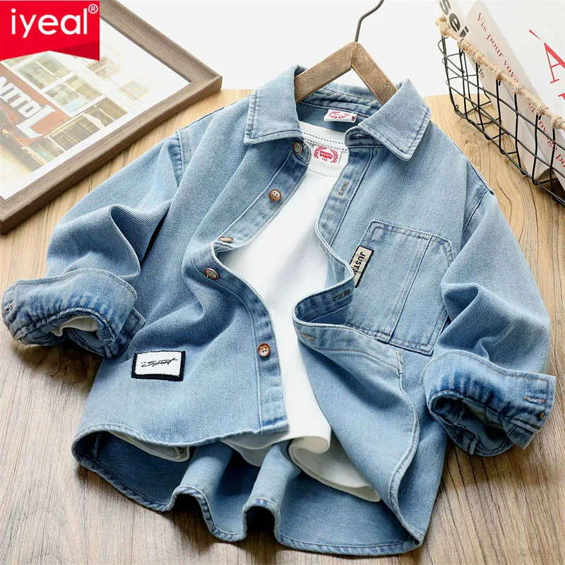 

IYEAL 2025 Spring New Children's Shirts Kids Boys Fashion Denim Long-Sleeved Cotton Shirts Children's Long-Sleeved Shirt
