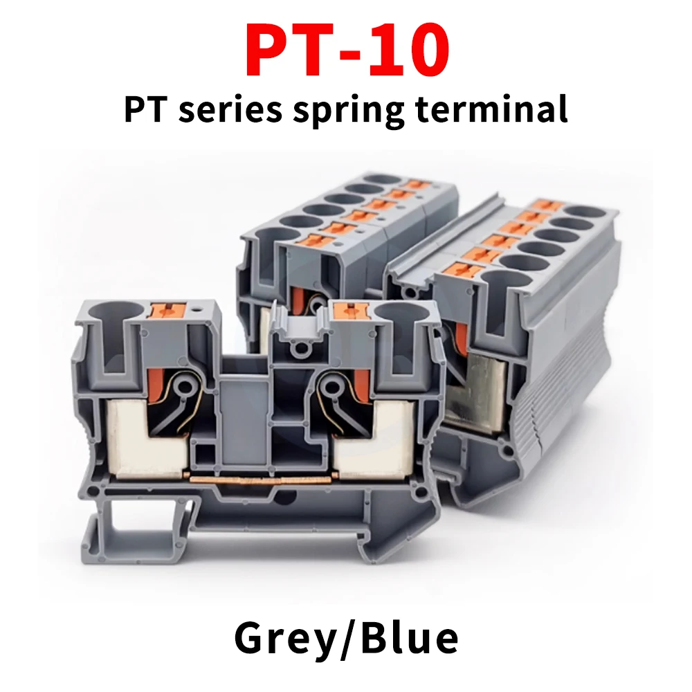 (5 Pcs) PT10 Spring-loaded Direct-Insert Terminal Block, 10mm² ST Tool-Free Rail-Mounted Combination Copper Terminal Block PT-10