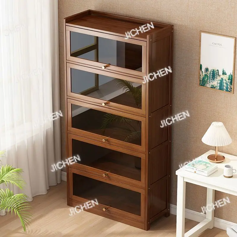 

JC Modern Bamboo Bookshelf Storage Cabinet with Flip Doors 4/5/6 Tier Bookcase for Living Room Bedroom Office
