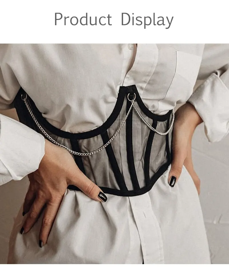 مشد نسائي أسود تحت الصدر - نمط فاسق مع سلسلة معدنية: بوستير دانتيل، تصميم حزام، مشكل منحني عالي الخصر للتخسيس #3