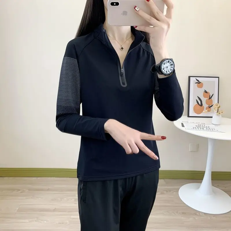 Damska odzież outdoorowa z długim rękawem, szybkoschnąca, do fitnessu, biegania, chroniąca przed słońcem, z wysokim kołnierzem, oddychająca, szybkoschnąca bluzka.