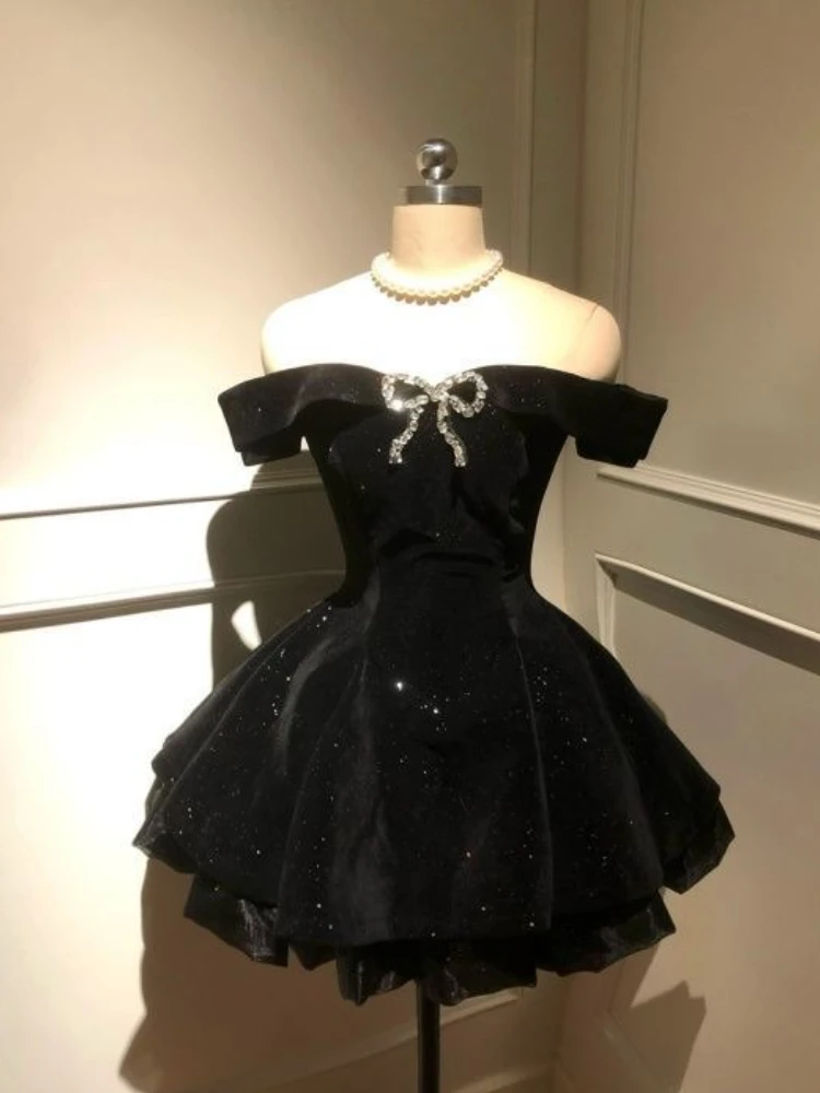 2025 Autumn Vintage Elegant Y2K Velvet Off Shoulder Dress