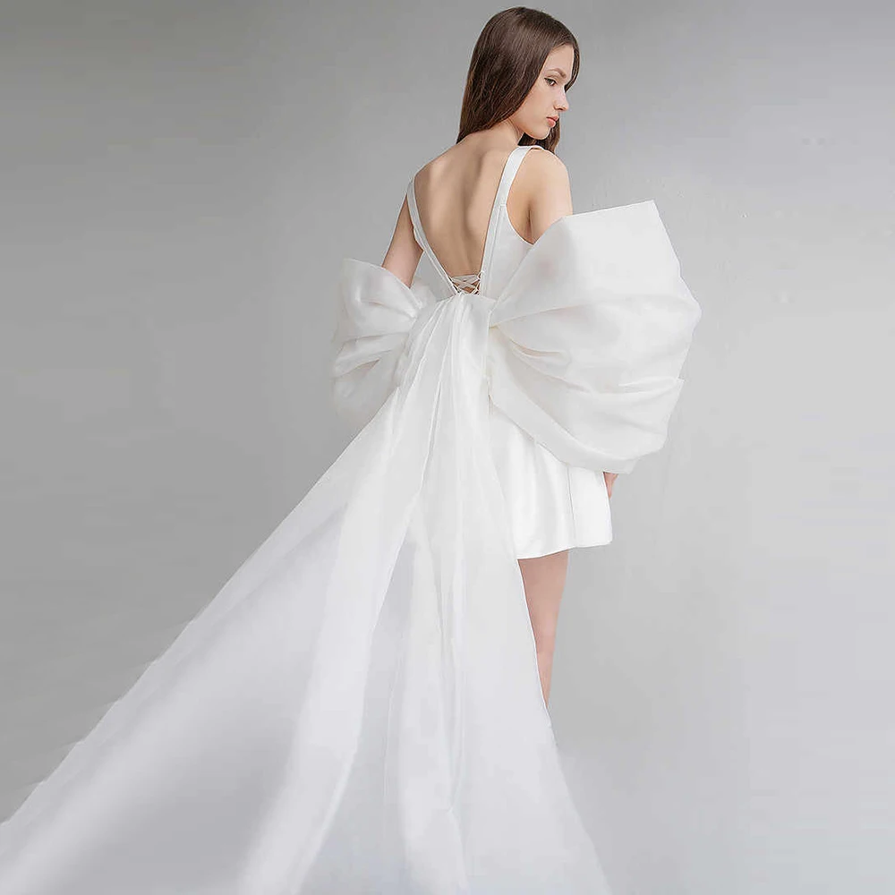 

Satin Mini Wedding Dress Ball Gown A-Line Square Neck Backless Above Knee's Wedding Dresses with Bowknot for Bride Bridesmaid