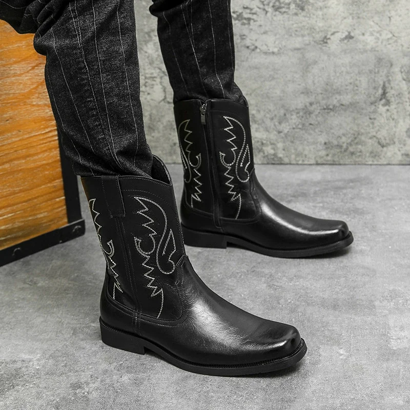 Men's Lizard-Embossed Western Cowboy Boots Embroidered Mid-Calf Booties with Side Zipper Vintage-Inspired Footwear for Events