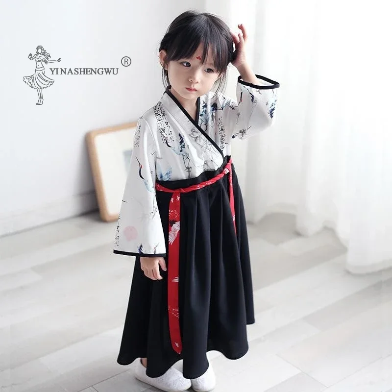 Little Girl Baby Crane Print Robe Set Japanese Girl Dress Kimono Costume Child Floral Embroidery Tops Skirt Kids Yukata Clothes