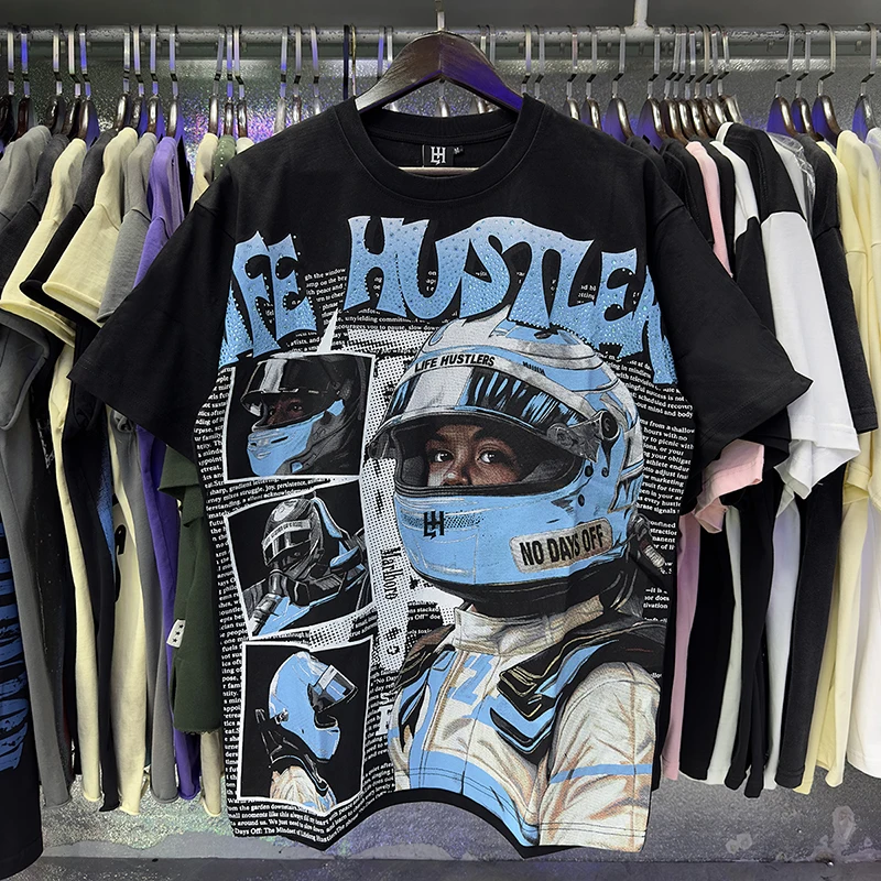 LIFE HUSTLERS T-shirt Gradient Blue Color Heat Spot Raised Rhinestone Graffiti-style Racing Driver Portrait Print Short Sleeve