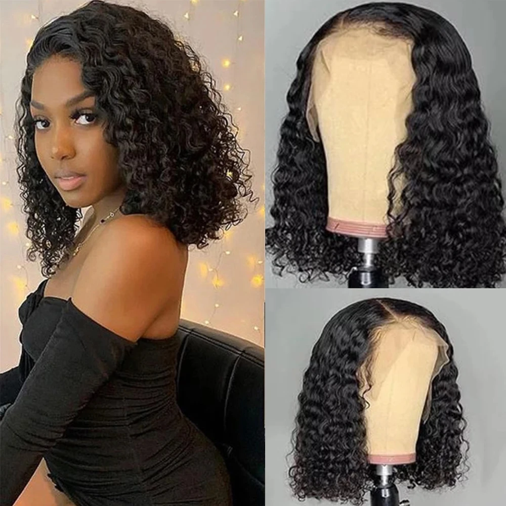 

13x4 Short Curly Bob Wig HD Transparent Full Frontal Lace Natural Color Human Hair Pre Plucked Wigs 200 Density 8-14 Inch