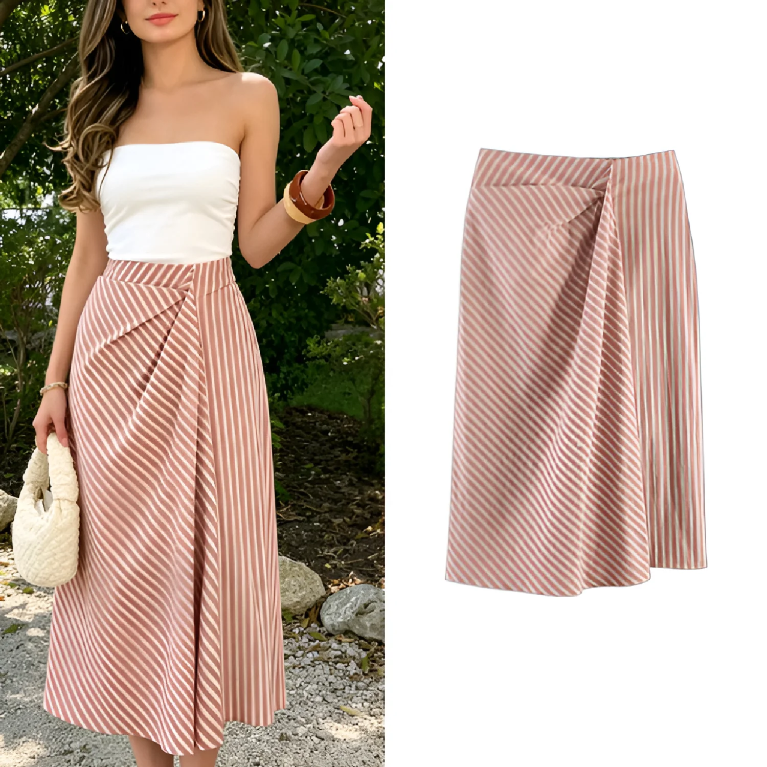 

Women Pleated Striped Skirt Casual Loose Fit Mid Waist Spring Summer Fashion 2026 Daily Wear Women Skirt New Arrival