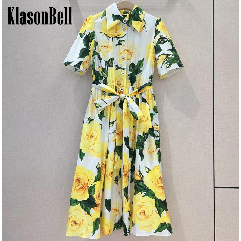 

5.9 KlasonBell Classic Yellow Rose Print Pattern Lapel Dress Cotton Holiday Beach Sashes Collect Waist Midi Short Sleeve Dress