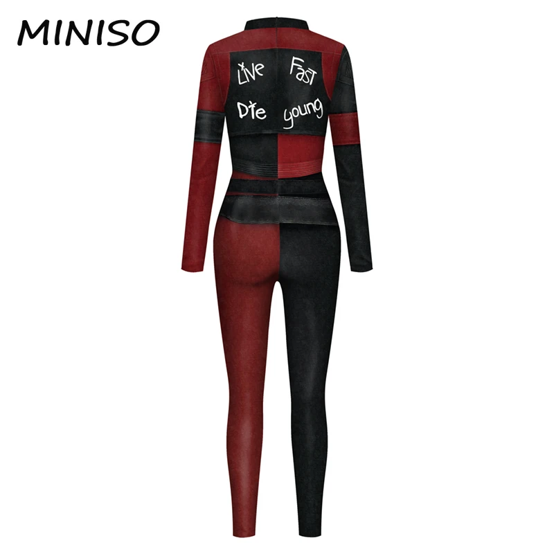 MINISO Cosplay Clown Printed Jumpsuit Spandex Catsuit Halloween Harley Quinn Dress Up Performing Costumes Party Zentai Bodysuits