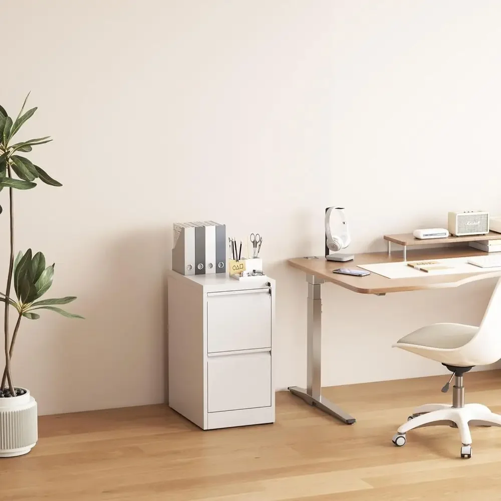 Narrow Profile Lockable Storage Cabinet for Home Office, Under Desk, Heavy Duty, White