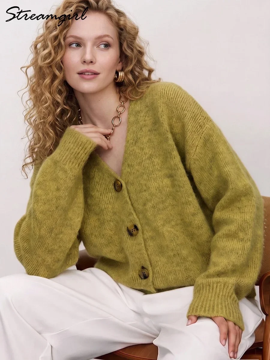Wool Cardigans Women Oversized Beige Long Sleeve Knitted Outwear Autumn Loose Knitwear Woman Oversized Knit Jackets Ladies Green