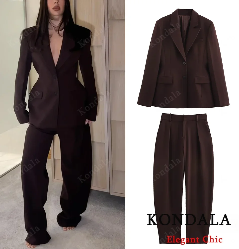 

KONDALA Women Vintage Brown Elegant Blazer Pant Set Buttons Blazer OR Bucket Pants New 2025 Fashion Spring Fall Casual Blazer Se