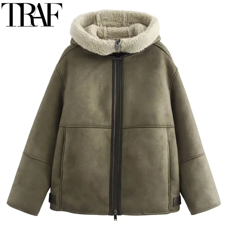 TRAF Hood Winter Coat Female Parkas Long Sleeve Plush Suede Jacket Women Autumn Zipper Fleeced Coats For Woman Cold Outerwear