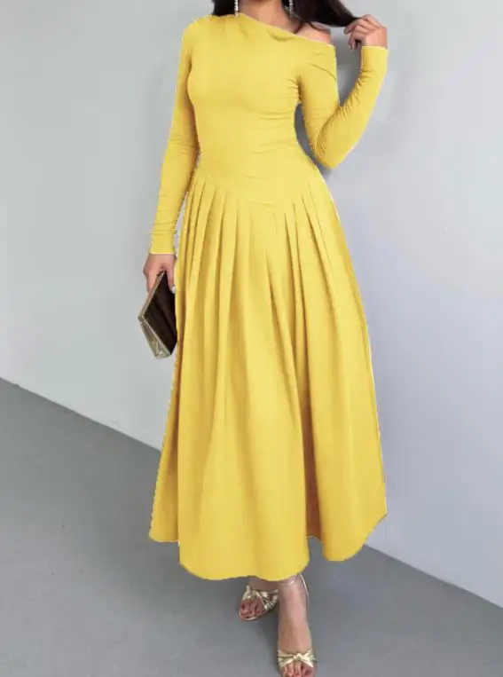 

Solid Color Elegant High Waisted Long Sleeved Dress, Autumn New Fashion, Sloping Collar, Waist Cinched A-Line Women's Dress