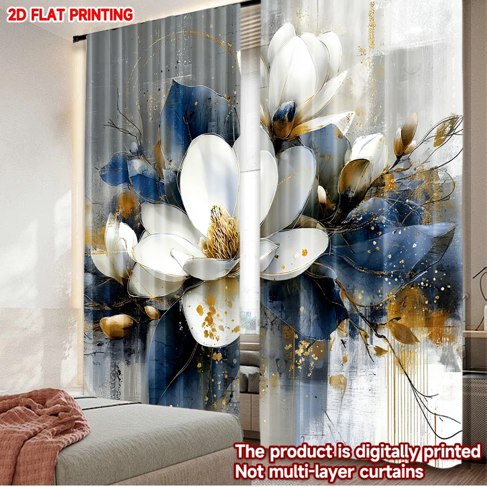 2pcs Blue White Floral Curtains  Digital Printing, Large Blossoms with Golden Centers Dark Leaves for Elegant Bedroom Decor