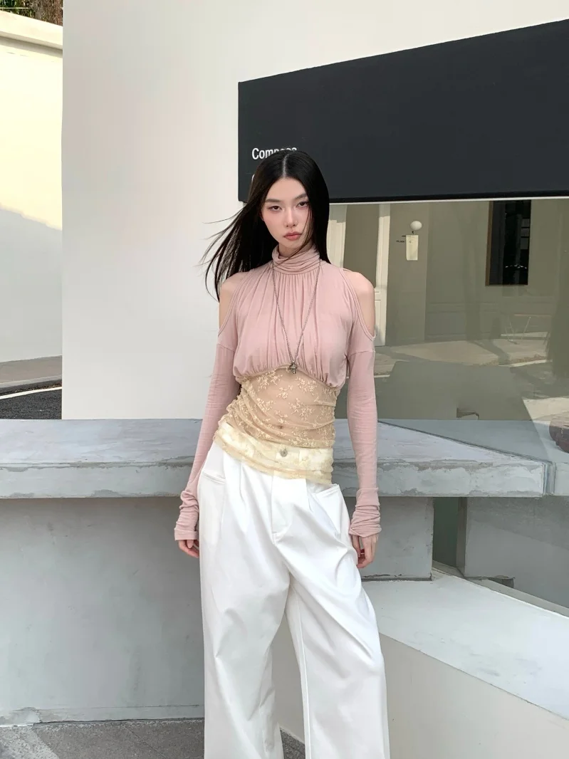 Mipao Aunty Kensington Peter Pan Collar Long Sleeve Base Shirt Women Sexy Micro Translucent Lace Top Slim Fit Girl's Hanfu