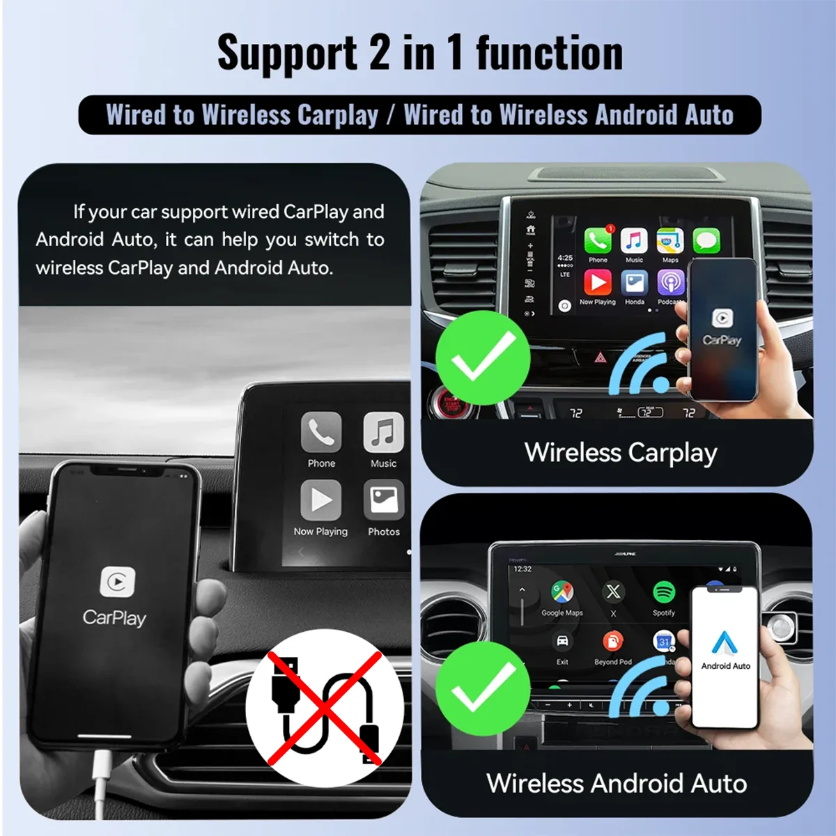 2024 new plug and play fast connection for apple carplay/Android Auto original car wired to wireless 2 in 1 smart converter box