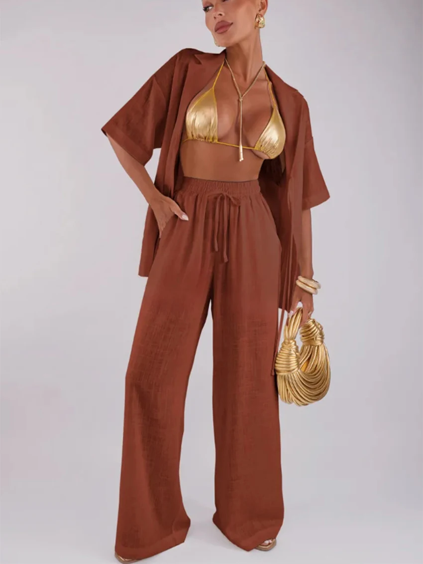 

Parc Fee Summer Loose Green Cotton Trousers Sets Woman 2 Pieces Fashion Short Sleeve Shirt With High Waist Wide Pants Set Female
