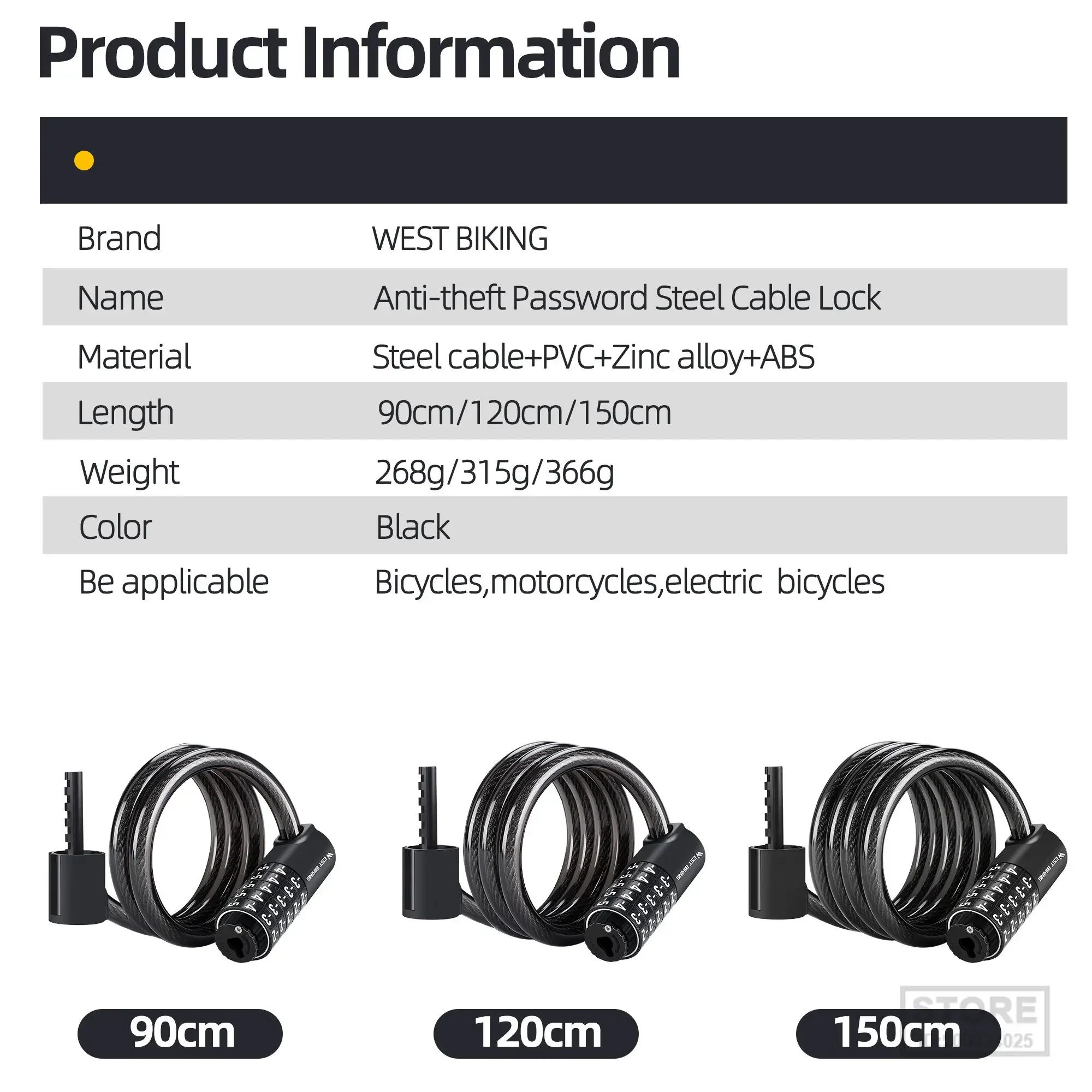 WEST BIKING 90-150cm Anti Theft Bicycle Lock 5-Digit Combination Security Cable Lock Waterproof  E-Bike Motorcycle Wire Lock