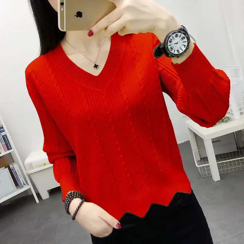 Fashion Loose V-Neck Solid Color Folds Ruffles Sweaters Women\'s Clothing 2023 Autumn Winter Loose Commuter Pullovers Casual Tops