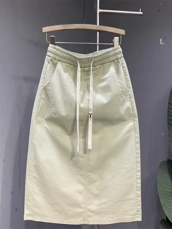 

Casual Washed A-Line Midi Skirt Women Summer New Slimming High Waist Korean Style Commute Pocket Detail All Body Types Suitable