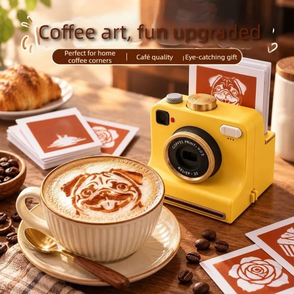 Funny 3D Printed Latte Art Camera Vintage Look One Touch Press Coffee Powder Print Camera Plastic Replaceable Cards