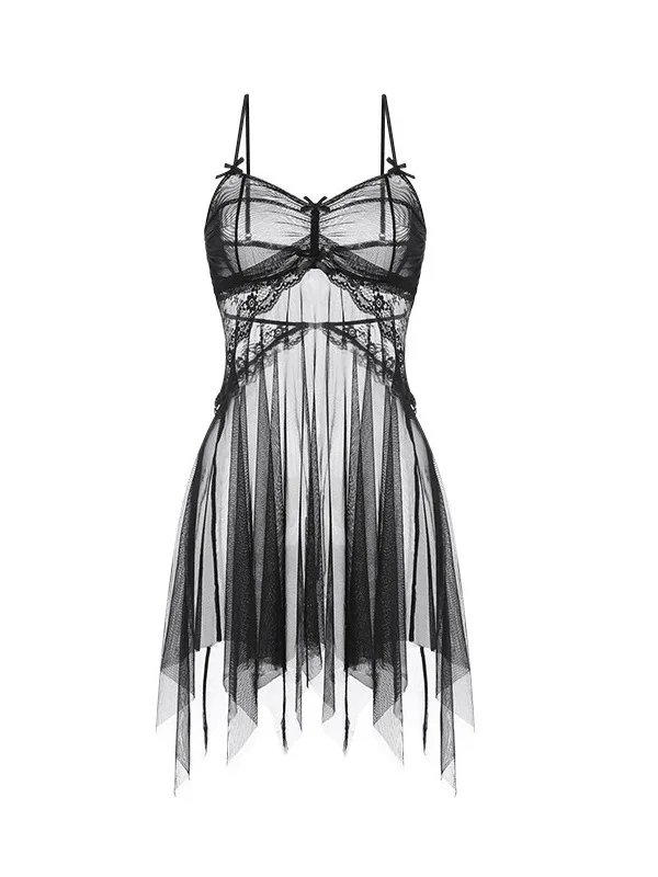 Mini robe débardeur transparente en maille plissée avec nœud papillon pour femmes, robe à bretelles élégante et douce, hauts coréens pour femmes NP3X