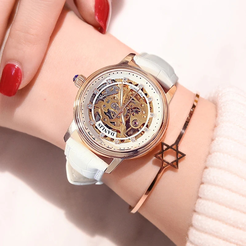 Fashion trend mechanical watch automatic hollow watch stainless steel waterproof luminous with diamond women's watch