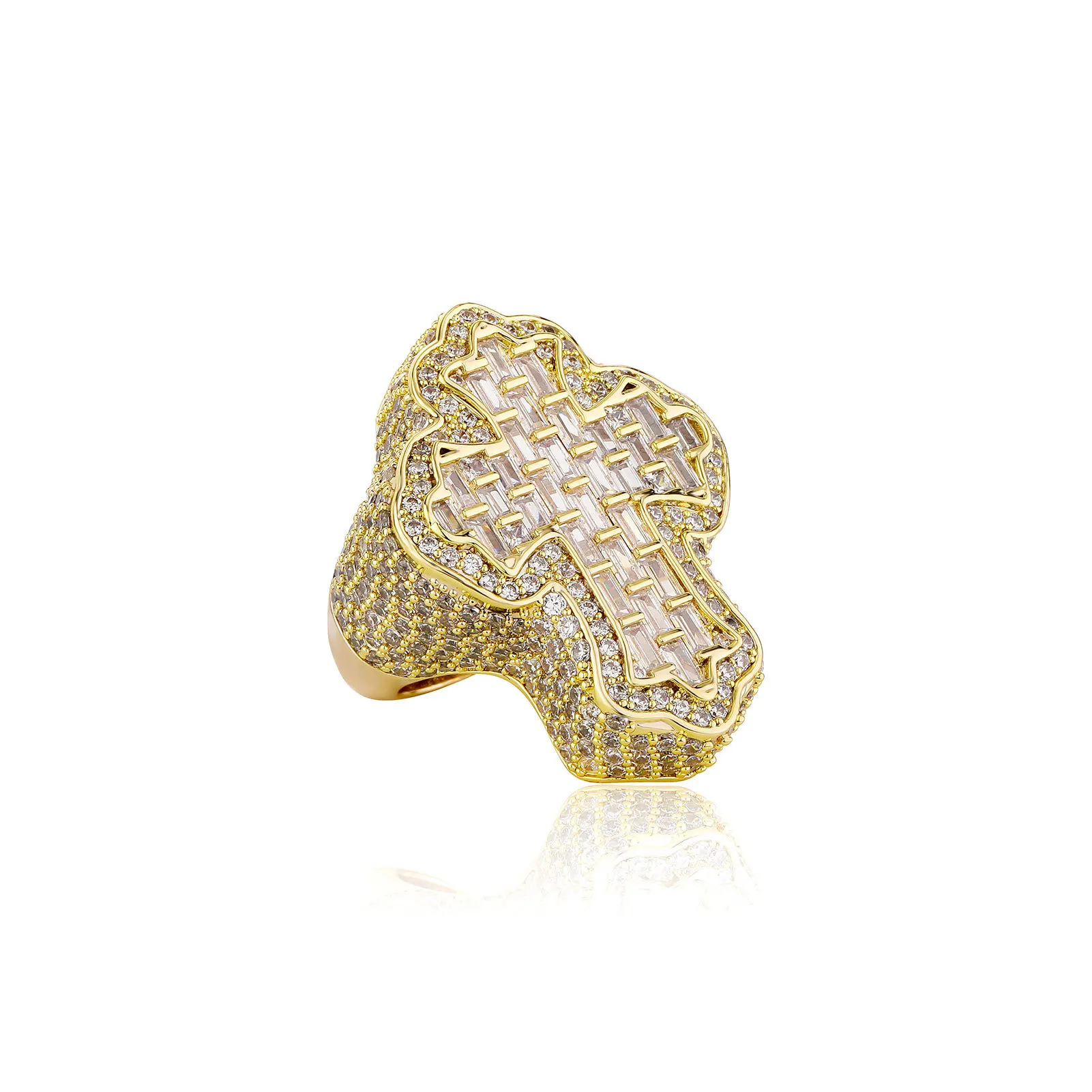 Iced Out BaguetteCZ Cross Ring for Women Men Prong Setting Square Cubic Zirconia Rings for Rapper Fashion Jewelry