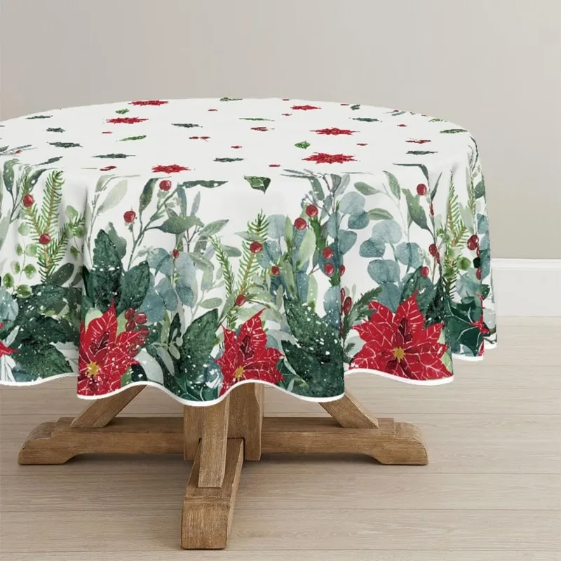 

Christmas Tablecloth Eucalyptus Poinsettia Washable Round Tablecloth Suitable for New Year Party Dinner Atmosphere Decoration